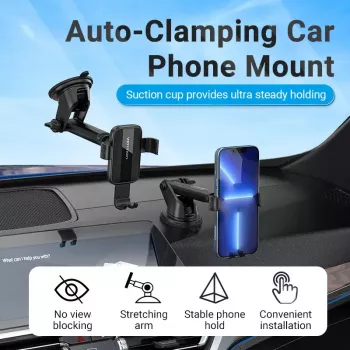 Automobilinis laikiklis telefonui Vention KCOB0 – automatinis užspaudimas, siurbtukas, juodas, 73 mm plotis, 117,6 mm aukštis