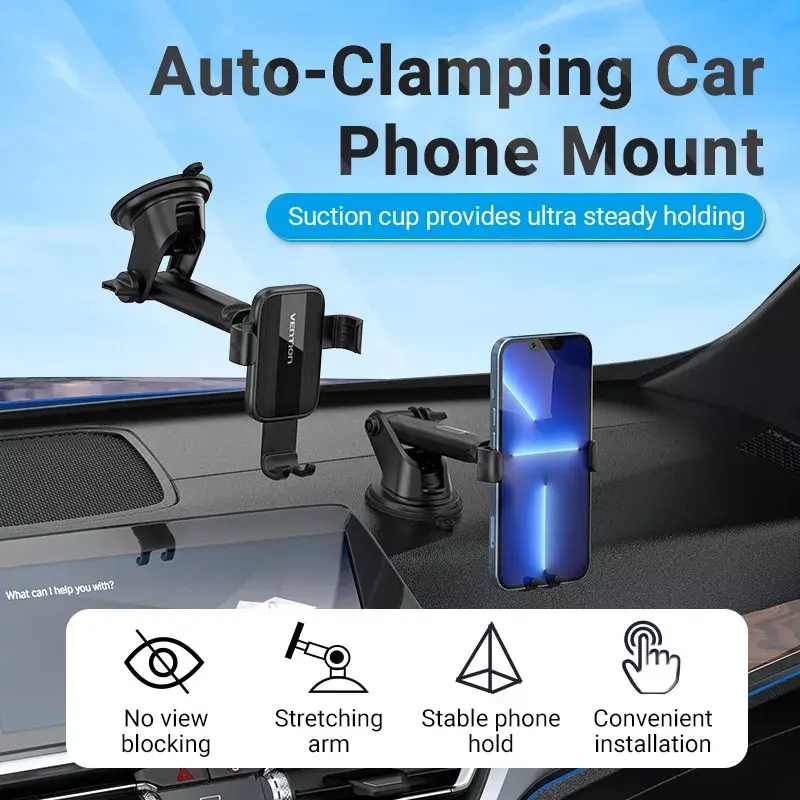 Automobilinis laikiklis telefonui Vention KCOB0 – automatinis užspaudimas, siurbtukas, juodas, 73 mm plotis, 117,6 mm aukštis