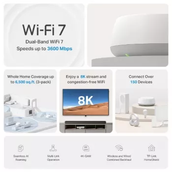 TP-Link Deco BE22 (1 vnt.) belaidžio tinklo sistema, dviejų juostų (2,4 GHz / 5 GHz), Wi-Fi 7 (802.11be), balta, 4 vidinės antenos