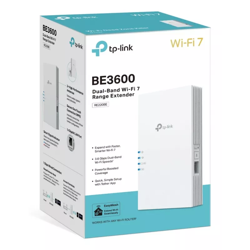 Wi-Fi 7 tinklo stiprintuvas TP-Link RE220BE – dviejų juostų 2,4/5 GHz, 802.11be, 2 išorinės antenos, 100–240 V