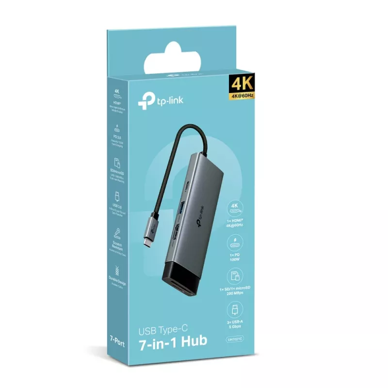 USB Type-C centrinis įrenginys TP-Link UH7021C — HDMI, USB 3.2 Gen1, USB 2.0, SD/microSD, 5000 Mbit/s, aliuminis juodas