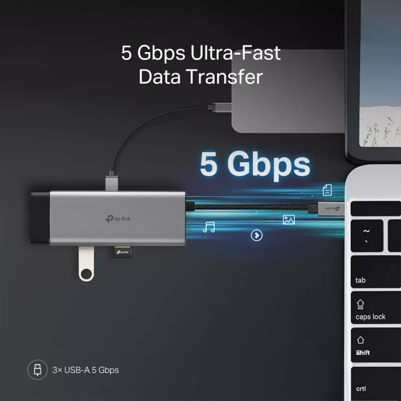 USB Type-C centrinis įrenginys TP-Link UH7021C — HDMI, USB 3.2 Gen1, USB 2.0, SD/microSD, 5000 Mbit/s, aliuminis juodas