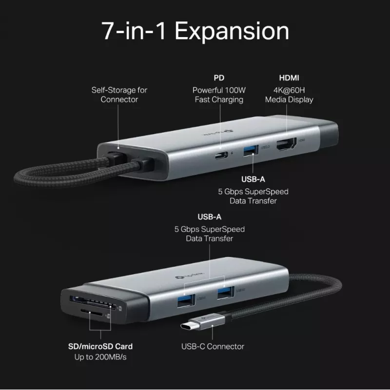 USB Type-C centrinis įrenginys TP-Link UH7021C — HDMI, USB 3.2 Gen1, USB 2.0, SD/microSD, 5000 Mbit/s, aliuminis juodas