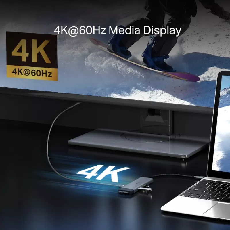 USB Type-C centrinis įrenginys TP-Link UH7021C — HDMI, USB 3.2 Gen1, USB 2.0, SD/microSD, 5000 Mbit/s, aliuminis juodas