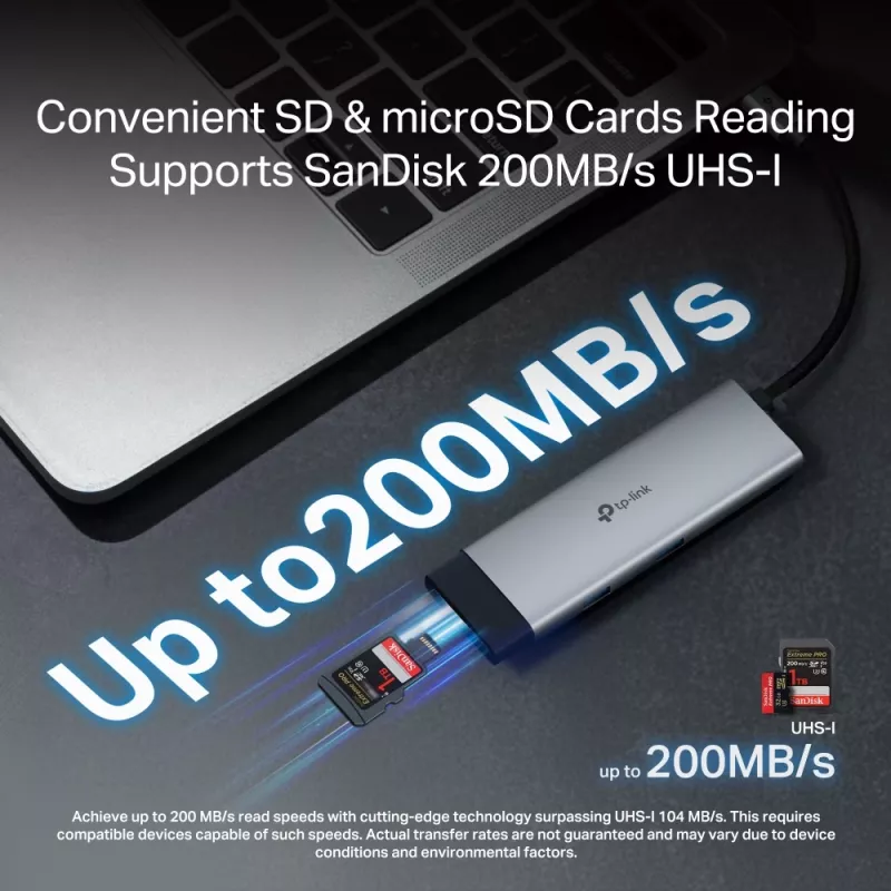 USB Type-C centrinis įrenginys TP-Link UH7021C — HDMI, USB 3.2 Gen1, USB 2.0, SD/microSD, 5000 Mbit/s, aliuminis juodas