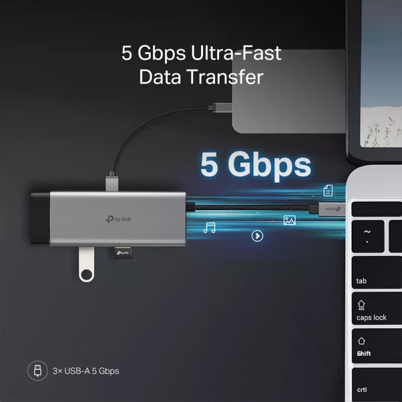 USB Type-C centrinis įrenginys TP-Link UH7021C — HDMI, USB 3.2 Gen1, USB 2.0, SD/microSD, 5000 Mbit/s, aliuminis juodas