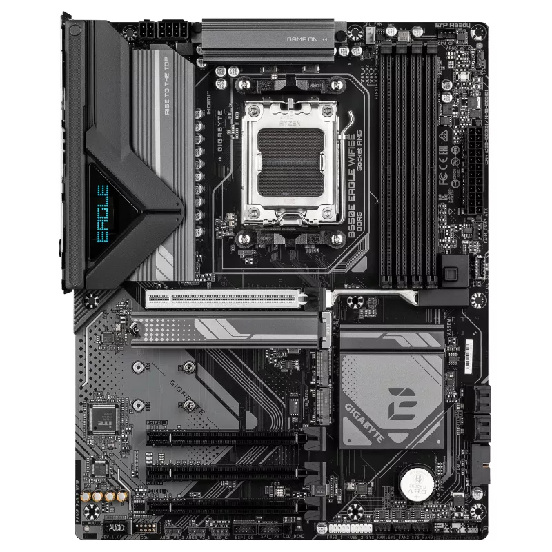 GIGABYTE B650E EAGLE WIFI6E pagrindinė plokštė – AMD Ryzen 9000 serijos procesoriams, 8+2+2 fazių VRM, iki 8200MHz DDR5 (OC), 1xPCIe 5.0 + 2xPCIe 4.0 M.2, 2.5GbE LAN, WIFI 6E, USB 3.2 Gen 2