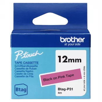 Juostelė etiketėms Brother BTAG-P31 Juoda ant rožinės 1,2 cm 4 m