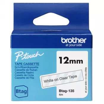 Lipnių etikečių juostelė Brother BTAG-135 balta ant skaidraus 1,2 cm 4 m