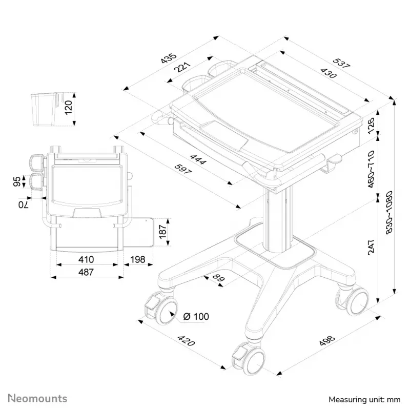 Neomounts MED-M200 mobilus multimedijos vežimėlis aliuminis baltas 1080 mm