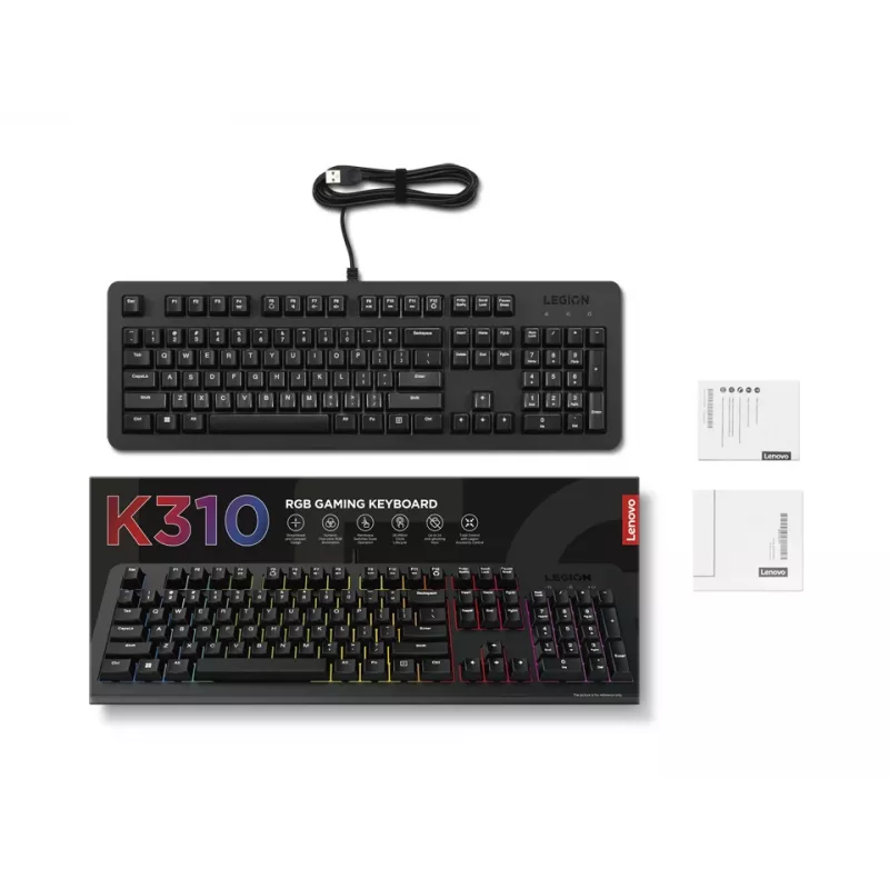 Pilno dydžio žaidimų klaviatūra Lenovo K310, laidas 1,8 m, USB, JAV anglų, RGB foninis apšvietimas, juoda