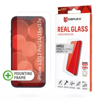 Displex apsauginis stiklas (10H) Apple iPhone 13/13 Pro/14/16e/17e su Eco montavimo rėmeliu, atsparus įbrėžimams