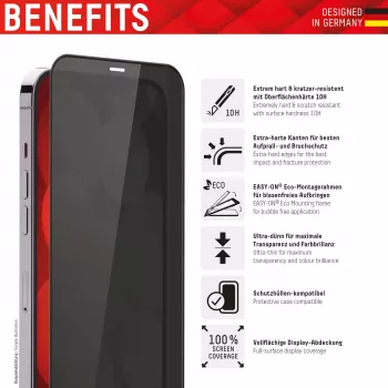 Displex apsauginis stiklas su privatumo filtru (10H) Apple iPhone 13/13 Pro/14/16e/17e, Eco montavimo rėmelis