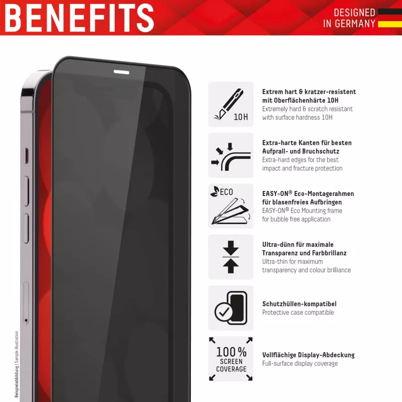Displex apsauginis stiklas su privatumo filtru (10H) Apple iPhone 13/13 Pro/14/16e/17e, Eco montavimo rėmelis