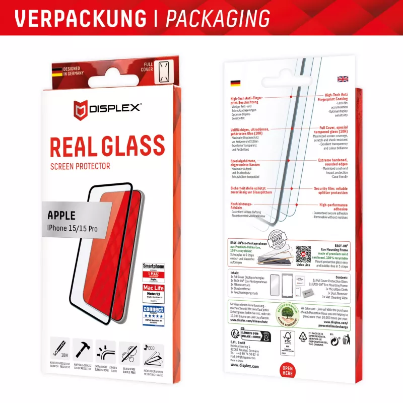 Displex Full Cover apsauginis stiklas (10H) Apple iPhone 15/15 Pro, Eco montavimo rėmelis