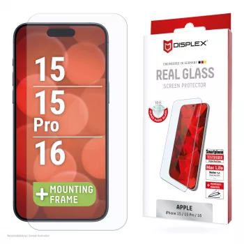 Displex apsauginis stiklas (10H) Apple iPhone 15/15 Pro/16, Eco montavimo rėmelis, atsparus įbrėžimams