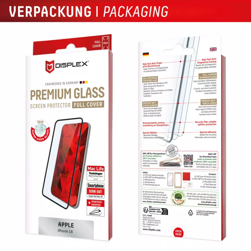 Displex Premium Screen Protector (Full Cover, 10H) Apple iPhone 16, Eco montavimo rėmelis, pilnas dengimas