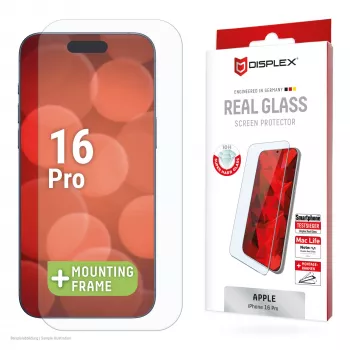 Displex apsauginis stiklas (10H) Apple iPhone 16 Pro, su EASY-ON® Eco montavimo rėmeliu, atsparus įbrėžimams