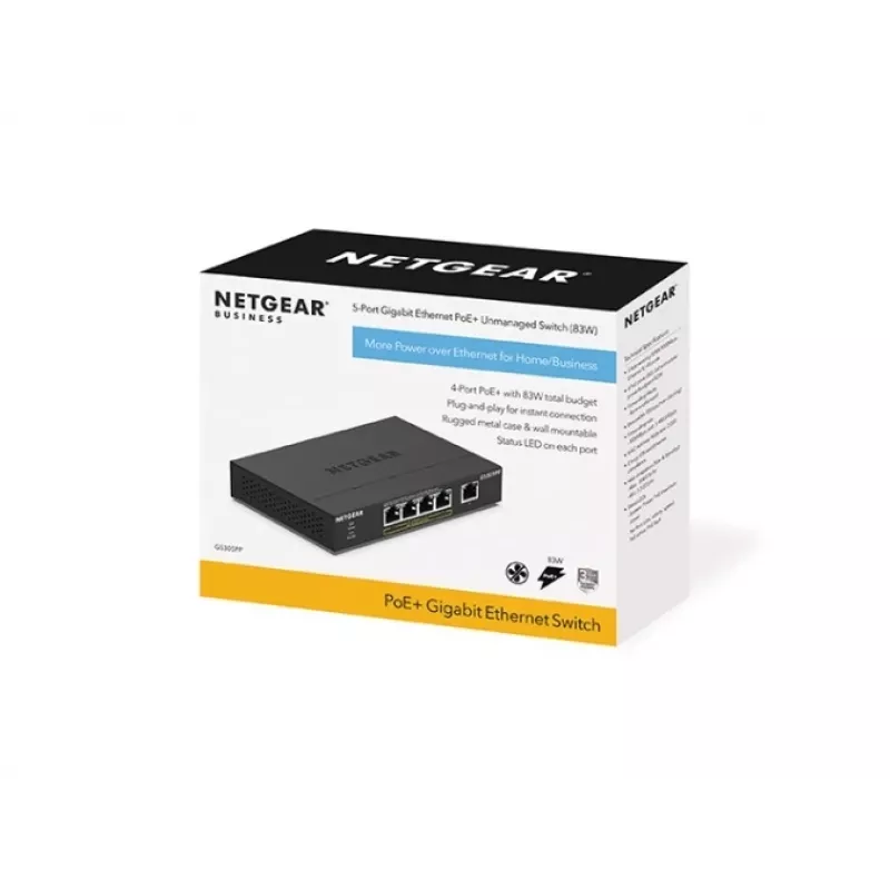 NETGEAR GS305PP valdomas Gigabit Ethernet (10/100/1000) „Power over Ethernet“ (PoE) jungiklis, juodas