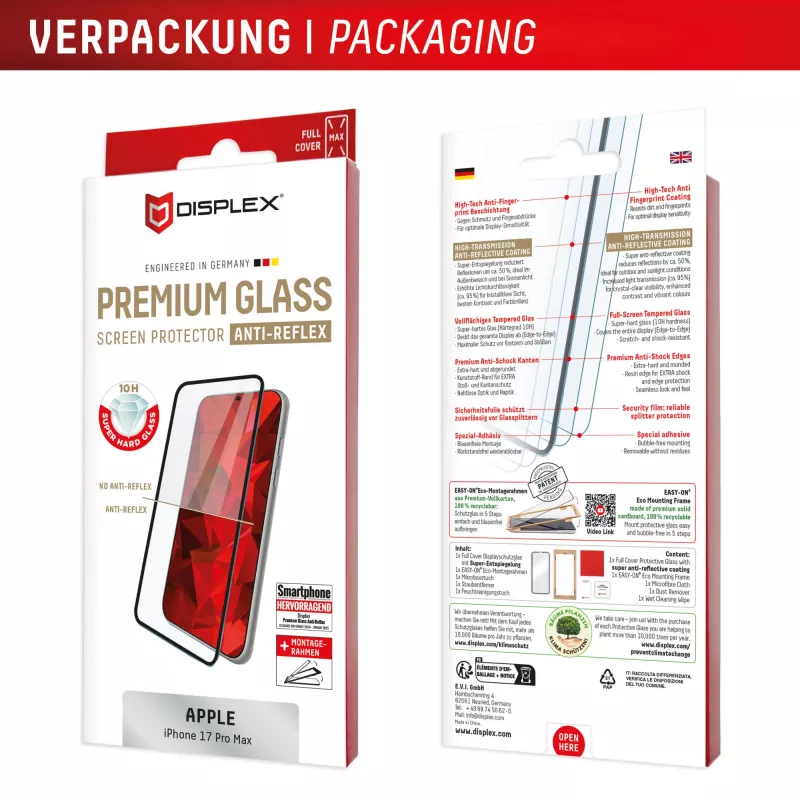 Displex Premium Screen Protector (Full Cover, 10H), skirta Apple iPhone 17 Pro Max, su Eco montavimo rėmeliu