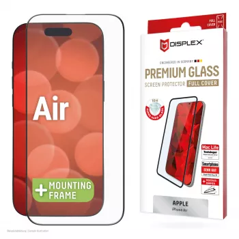 Displex Premium ekrano apsauginis stiklas (Full Cover, 10H), skirtas Apple iPhone Air, su EASY-ON® Eco montavimo rėmeliu, viso ekrano danga
