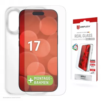 Displex apsauginis stiklas + dėklas Apple iPhone 17, su Eco montavimo rėmeliu, atsparus įbrėžimams