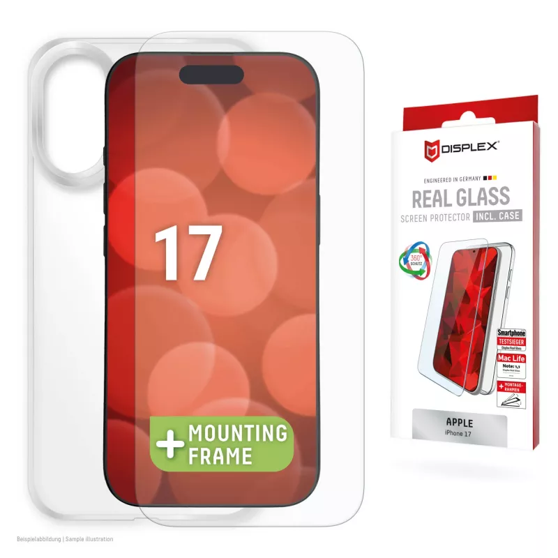 Displex apsauginis stiklas + dėklas Apple iPhone 17, su Eco montavimo rėmeliu, atsparus įbrėžimams