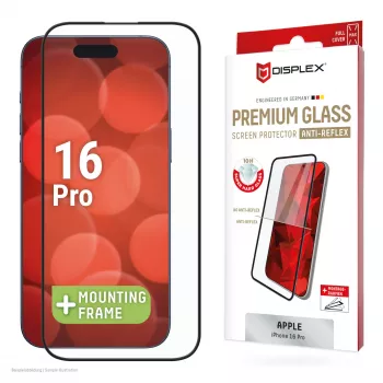 Displex Premium Anti-Reflex ekrano apsauga (antirefleksinė, pilnas dengimas, 10H), skirta Apple iPhone 16 Pro, su EASY-ON® Eco montavimo rėmeliu