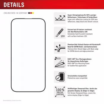 Displex Premium Anti-Reflex ekrano apsauga (antirefleksinė, pilnas dengimas, 10H), skirta Apple iPhone 16 Pro, su EASY-ON® Eco montavimo rėmeliu