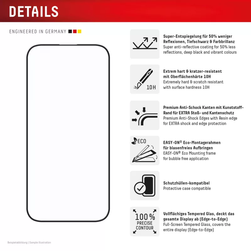 Displex Premium Anti-Reflex ekrano apsauga (antirefleksinė, pilnas dengimas, 10H), skirta Apple iPhone 16 Pro, su EASY-ON® Eco montavimo rėmeliu