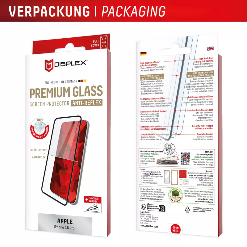 Displex Premium Anti-Reflex ekrano apsauga (antirefleksinė, pilnas dengimas, 10H), skirta Apple iPhone 16 Pro, su EASY-ON® Eco montavimo rėmeliu