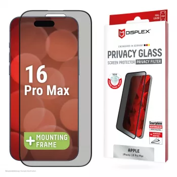 Displex privatumą užtikrinantis apsauginis stiklas (10H), skirtas Apple iPhone 16 Pro Max, su Eco montavimo rėmeliu