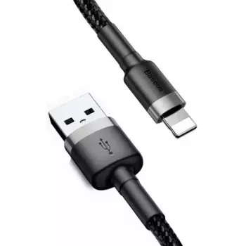 USB A į Lightning laidas Baseus Cafule (CALKLF-CG1) — nailoninis pintas, QC3.0 1,5A, 2 m, pilkas/juodas