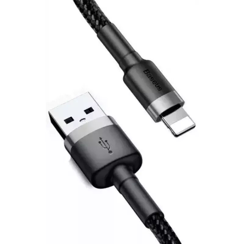 USB A į Lightning laidas Baseus Cafule (CALKLF-CG1) — nailoninis pintas, QC3.0 1,5A, 2 m, pilkas/juodas