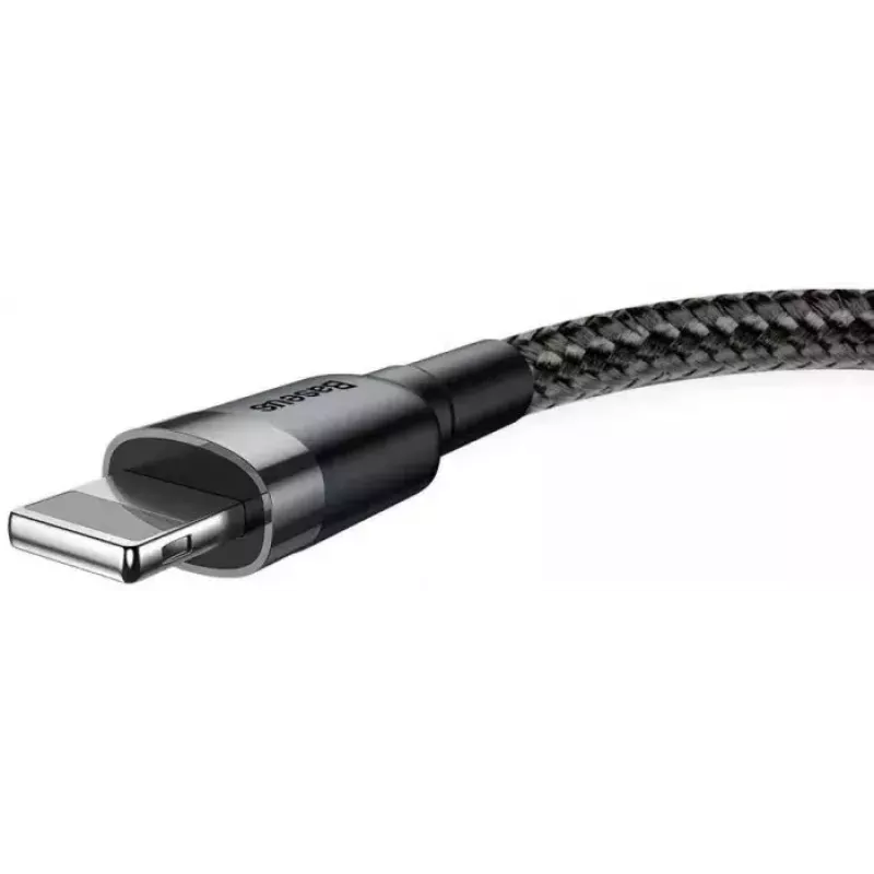 USB A į Lightning laidas Baseus Cafule (CALKLF-CG1) — nailoninis pintas, QC3.0 1,5A, 2 m, pilkas/juodas