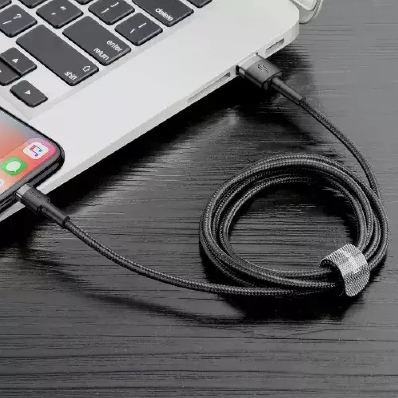 USB A į Lightning laidas Baseus Cafule (CALKLF-CG1) — nailoninis pintas, QC3.0 1,5A, 2 m, pilkas/juodas