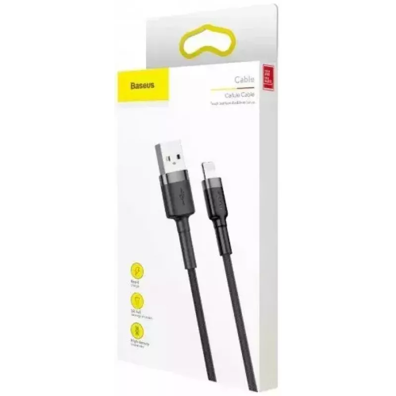 USB A į Lightning laidas Baseus Cafule (CALKLF-CG1) — nailoninis pintas, QC3.0 1,5A, 2 m, pilkas/juodas