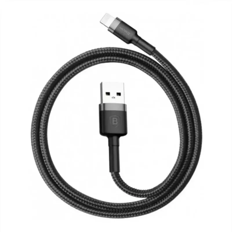 USB A į Lightning laidas Baseus Cafule (CALKLF-CG1) — nailoninis pintas, QC3.0 1,5A, 2 m, pilkas/juodas
