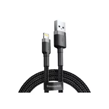 USB A į Lightning laidas Baseus Cafule (CALKLF-CG1) — nailoninis pintas, QC3.0 1,5A, 2 m, pilkas/juodas