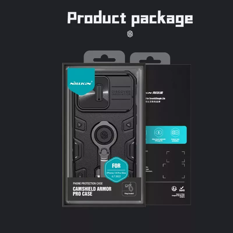 Dėklas Nillkin CamShield Armor Pro, skirtas iPhone 14 Pro Max, juodas, patvarus dizainas