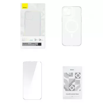 Dėklas Baseus Magnetic Crystal Clear iPhone 13, permatomas, su grūdinto stiklo ekrano apsauga