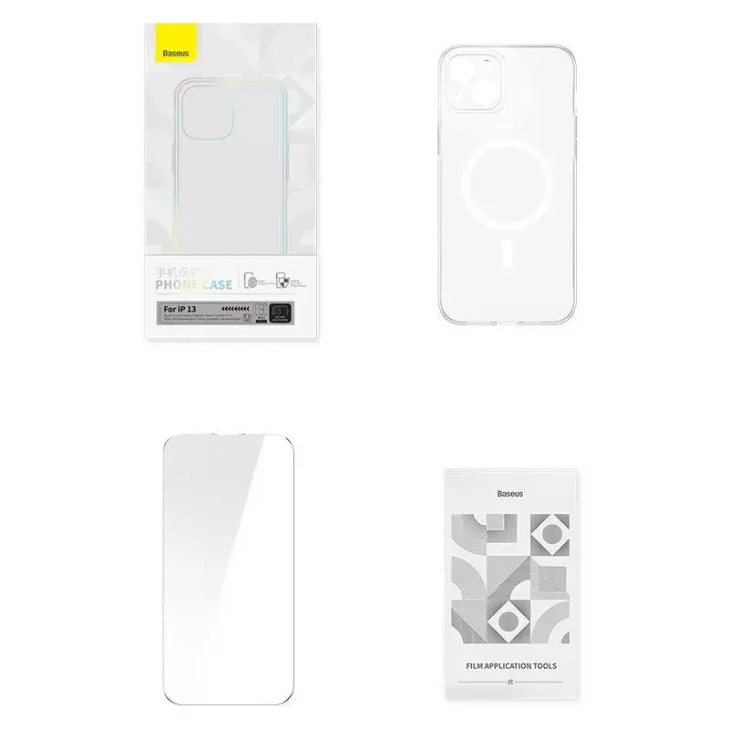 Dėklas Baseus Magnetic Crystal Clear iPhone 13, permatomas, su grūdinto stiklo ekrano apsauga