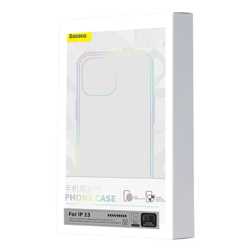 Dėklas Baseus Magnetic Crystal Clear iPhone 13, permatomas, su grūdinto stiklo ekrano apsauga