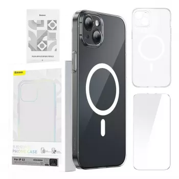 Dėklas Baseus Magnetic Crystal Clear iPhone 13, permatomas, su grūdinto stiklo ekrano apsauga