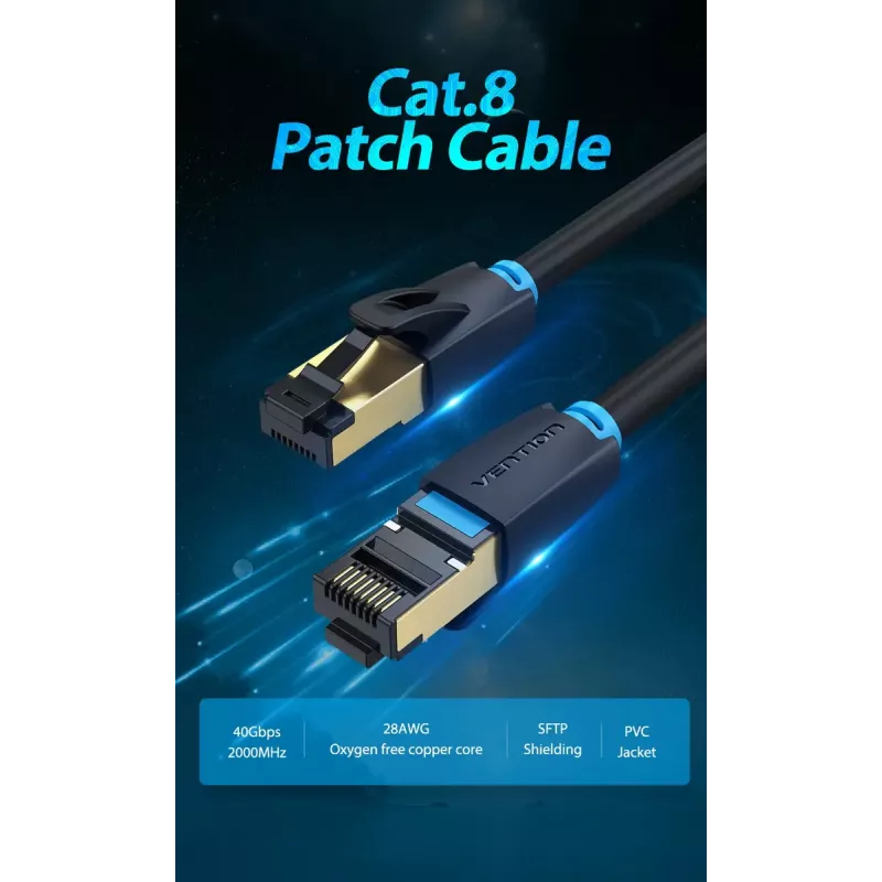 Vientis Ethernet kabelis Vention Cat.8 S/FTP 1 m Juodas RJ-45 Auksuotas