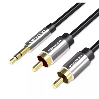 Audio kabelis Vention 3,5 mm lizdas – 2×RCA kištukas, 3 m, juodas, auksuoti kontaktai