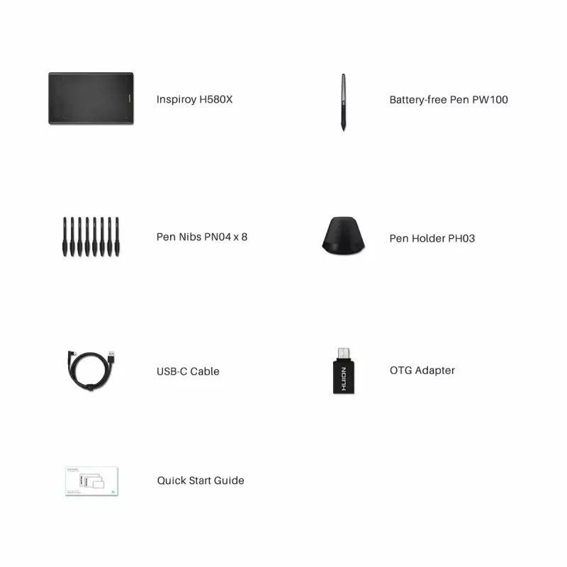 Grafinė planšetė HUION Inspiroy H580X – 8,5×5,3 col. aktyvi sritis, 5080 LPI, 8192 slėgio lygiai, 8 programuojami klavišai, USB-C