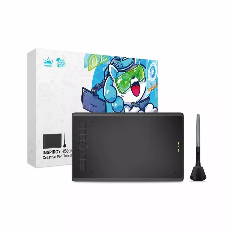 Grafinė planšetė HUION Inspiroy H580X – 8,5×5,3 col. aktyvi sritis, 5080 LPI, 8192 slėgio lygiai, 8 programuojami klavišai, USB-C