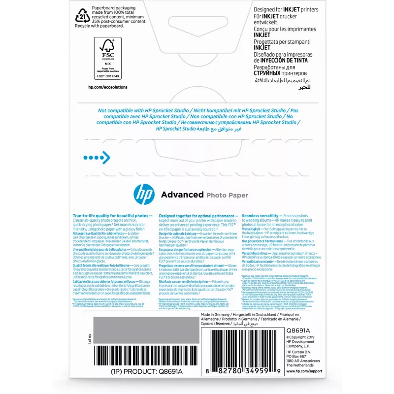 HP Advanced Photo Paper Glossy 250 g/m² 10 x 15 cm (101 x 152 mm) 25 lapų