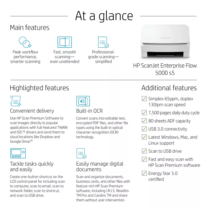 HP Scanjet Enterprise Flow 5000 s5 Dokumentų skaitytuvas (tiekiamasis) 600 x 600 DPI A4 Baltas
